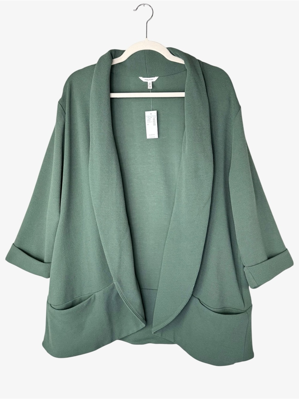 Maurices Sage Green Versa 3/4 Sleeve Pocket Blazer 2X Open-Front Stretch NWT